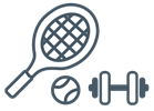 Icon: Tennis racket, tennis ball and had weights