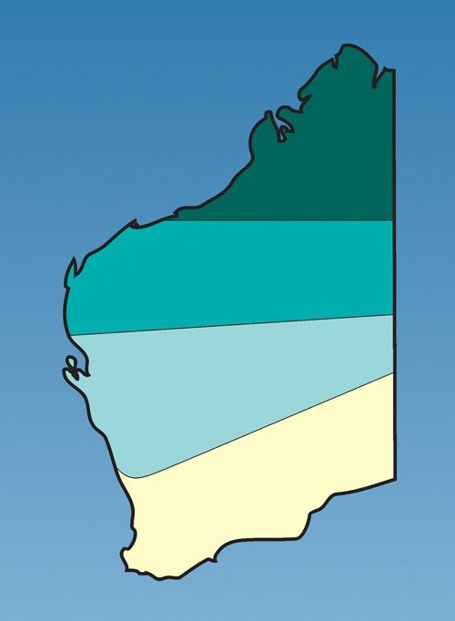 Map of Western Australia, MVE and Kunjin activity. No activity is shown for the southern coastal portion of WA