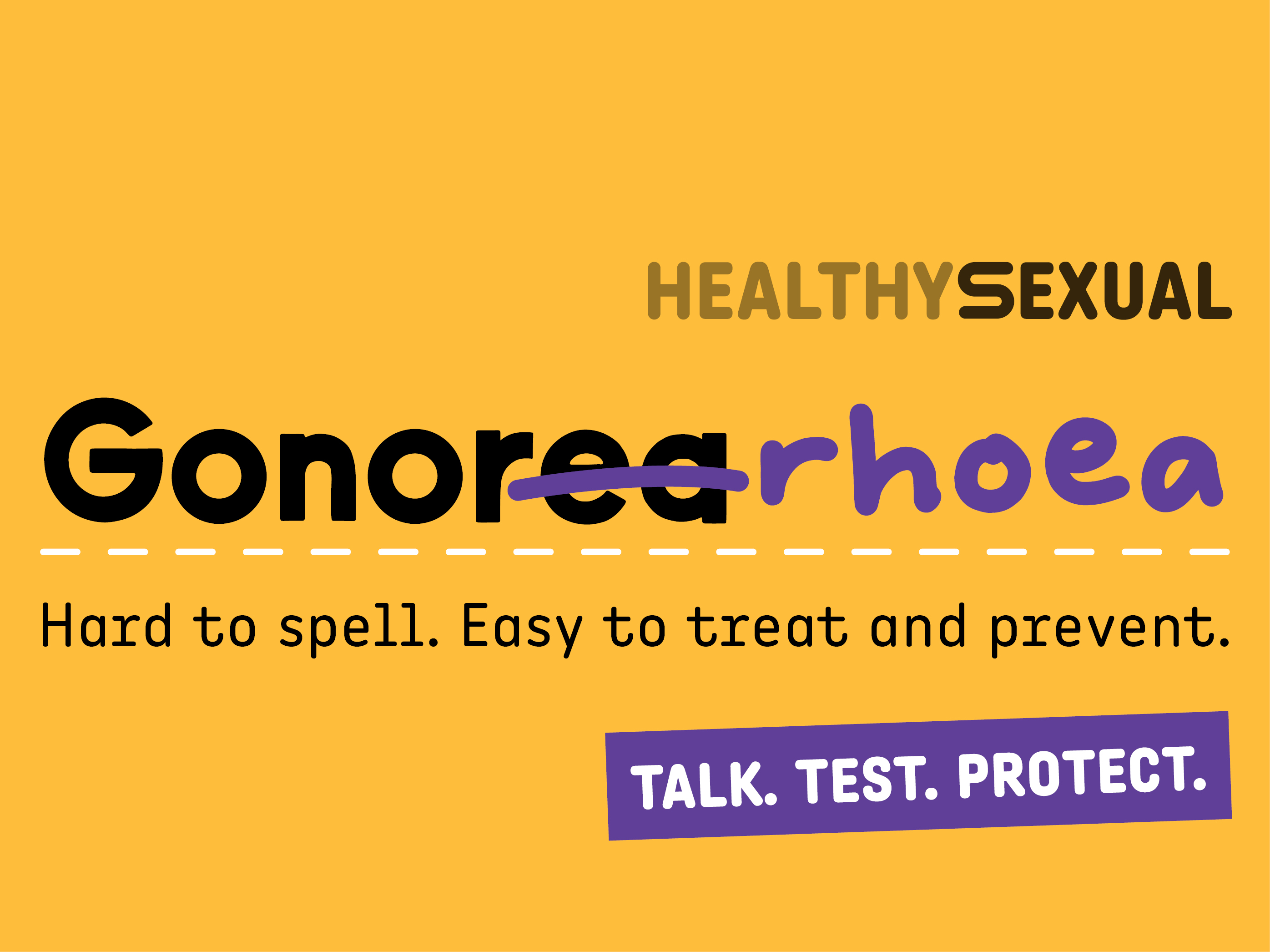 Banner: Gonorrhoea (miss spelled - with strike through). Hard to spell. Easy to treat and prevent