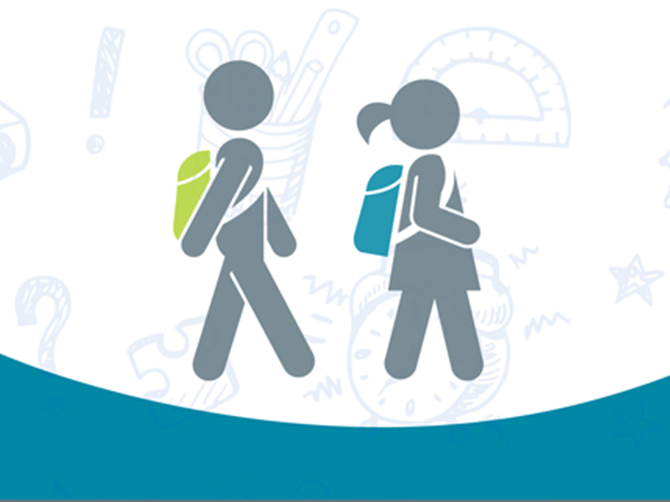 Graphics of two students walking with backpacks