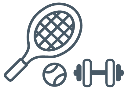 Icon: Tennis racket, tennis ball and had weights