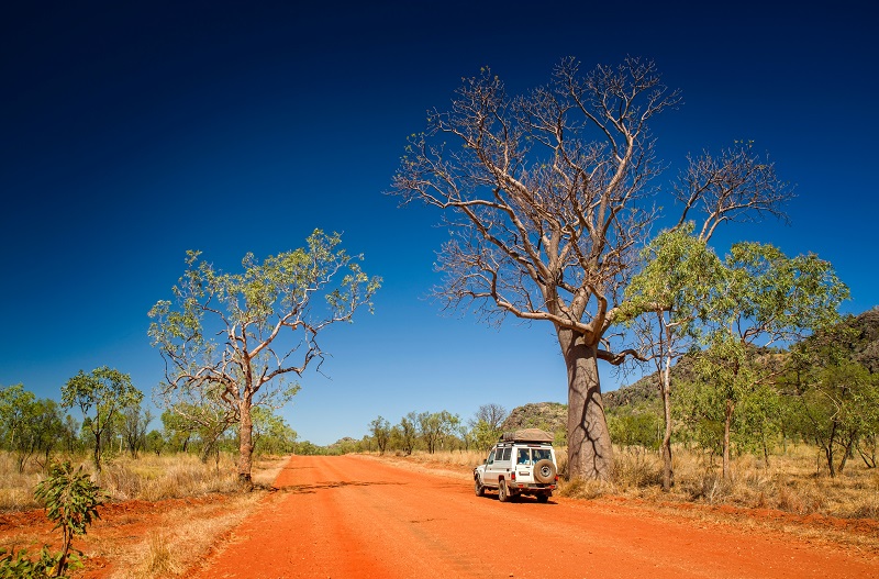 White four-wheel drive on red dirt road in the Kimberley