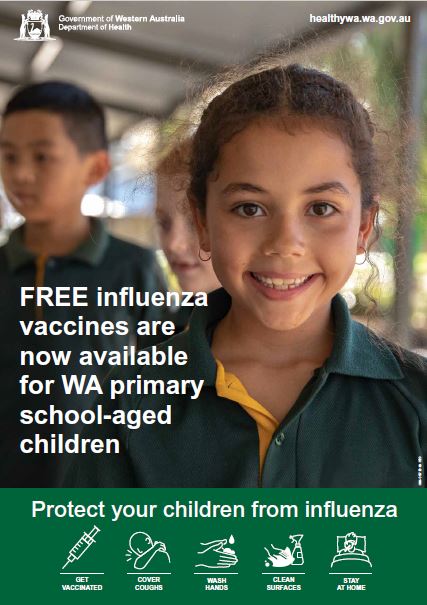 Poster: Free influenza vaccines are now available for WA primary school-aged children