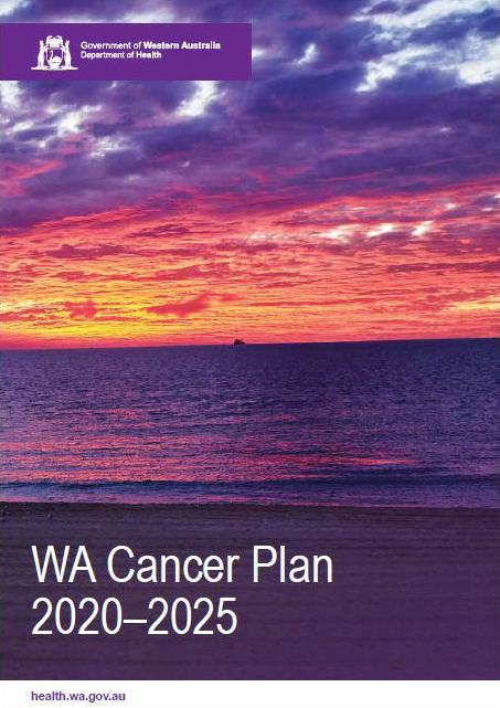 Font cover of the WA Cancer Plan 2020-2025 sun setting over the ocean