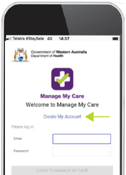 Phone screen with a preview of the Manage My Care "Create My Account" link