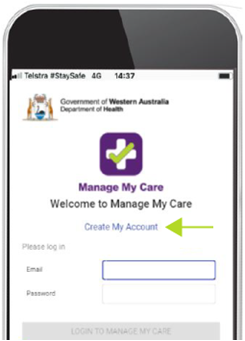 Phone screen with a preview of the Manage My Care "Create My Account" link