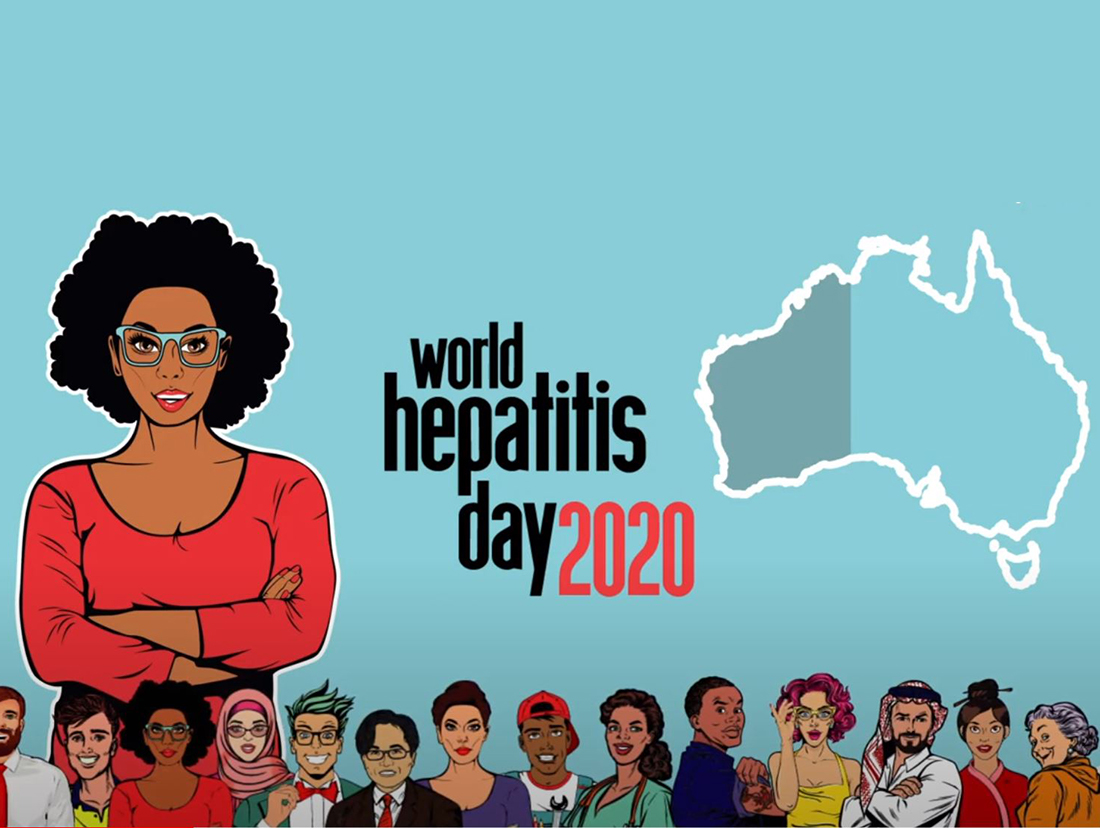 World Hepatitis Day 2020 with a variety of  cartoon faces on a blue background