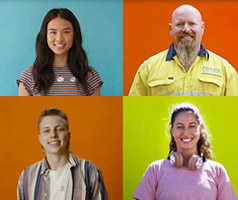 People from four different backgrounds standing in front of various coloured walls